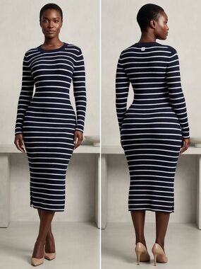 Gap Navy Blue White Striped Ribbed Knit Midi Sweater Dress Size M